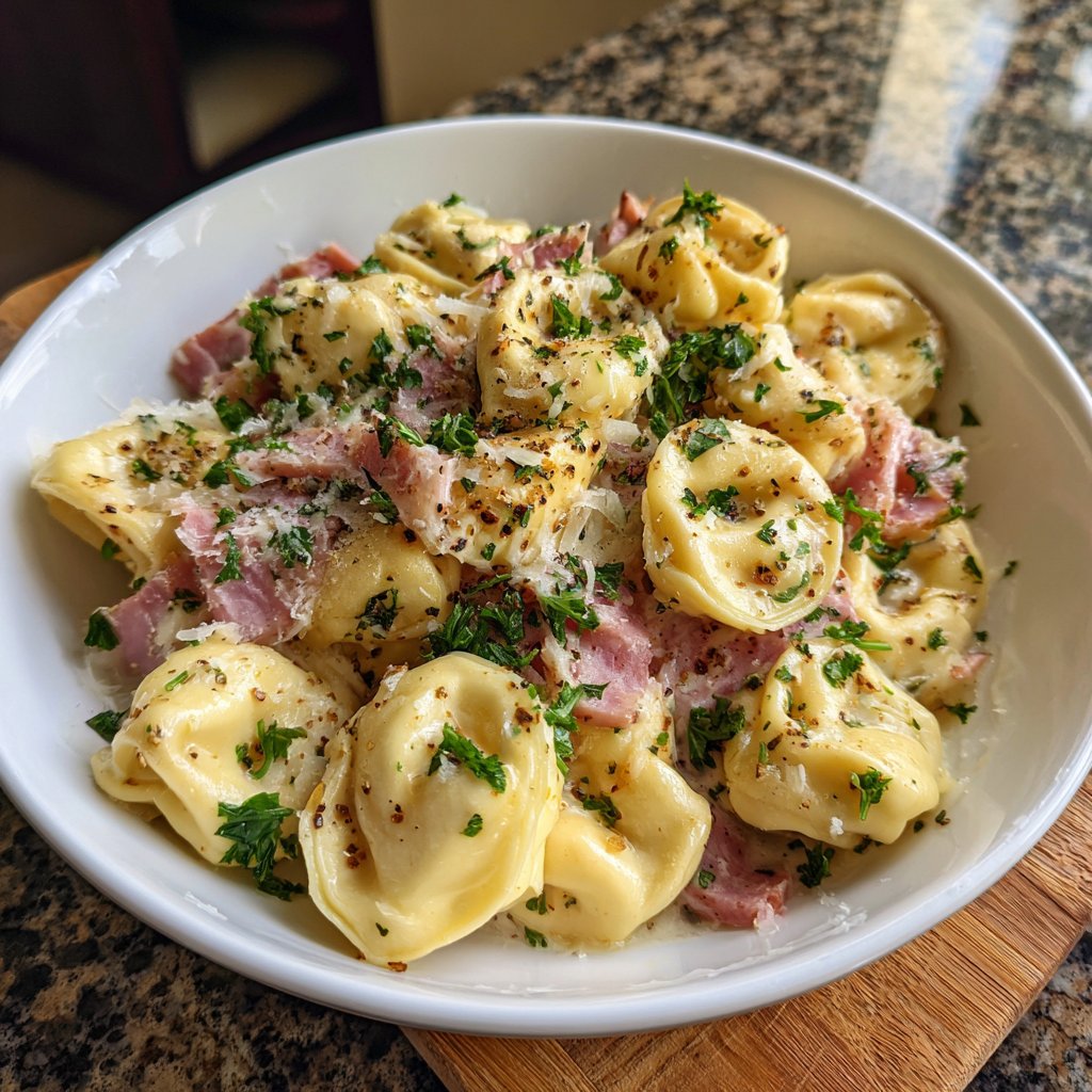 One Pot Creamy Garlic Tortellini with Ham