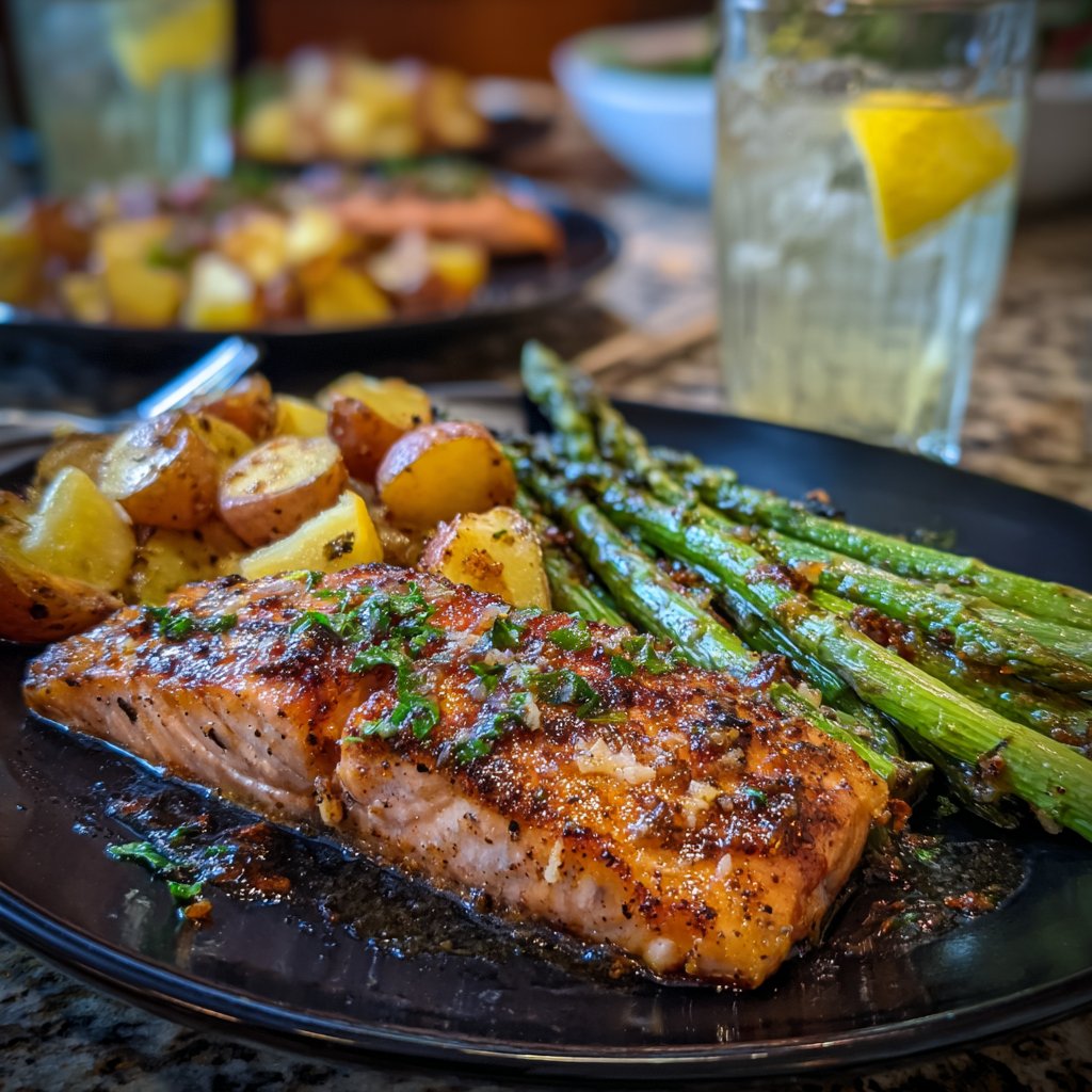 Lemon Butter Salmon with Crispy Potatoes and Asparagus